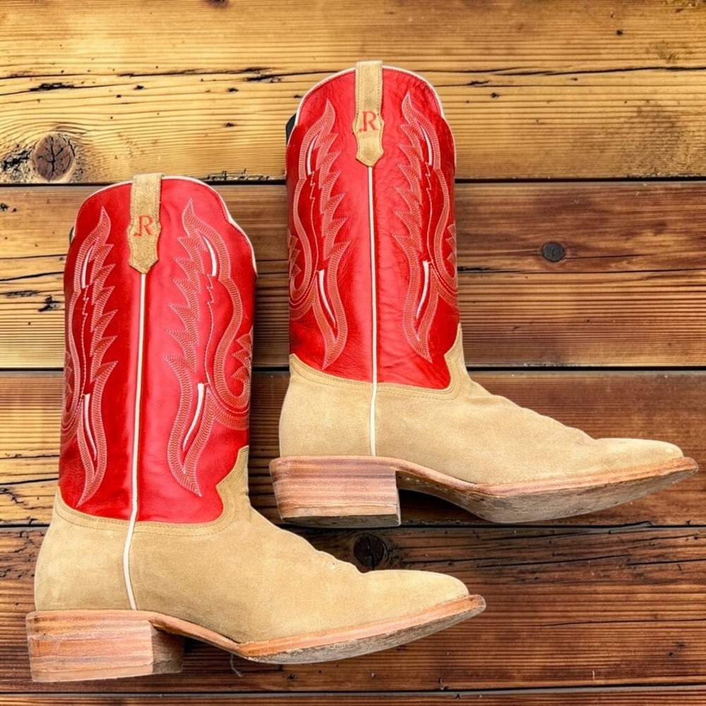 R. Watson Mens 12 EE Handcrafted Tan Suede Red Leather Cowboy Boots 8207 2 - Picture 4 of 15